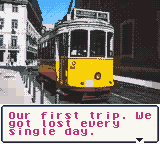 A photo of a Lisbon tram with a caption about a first trip.